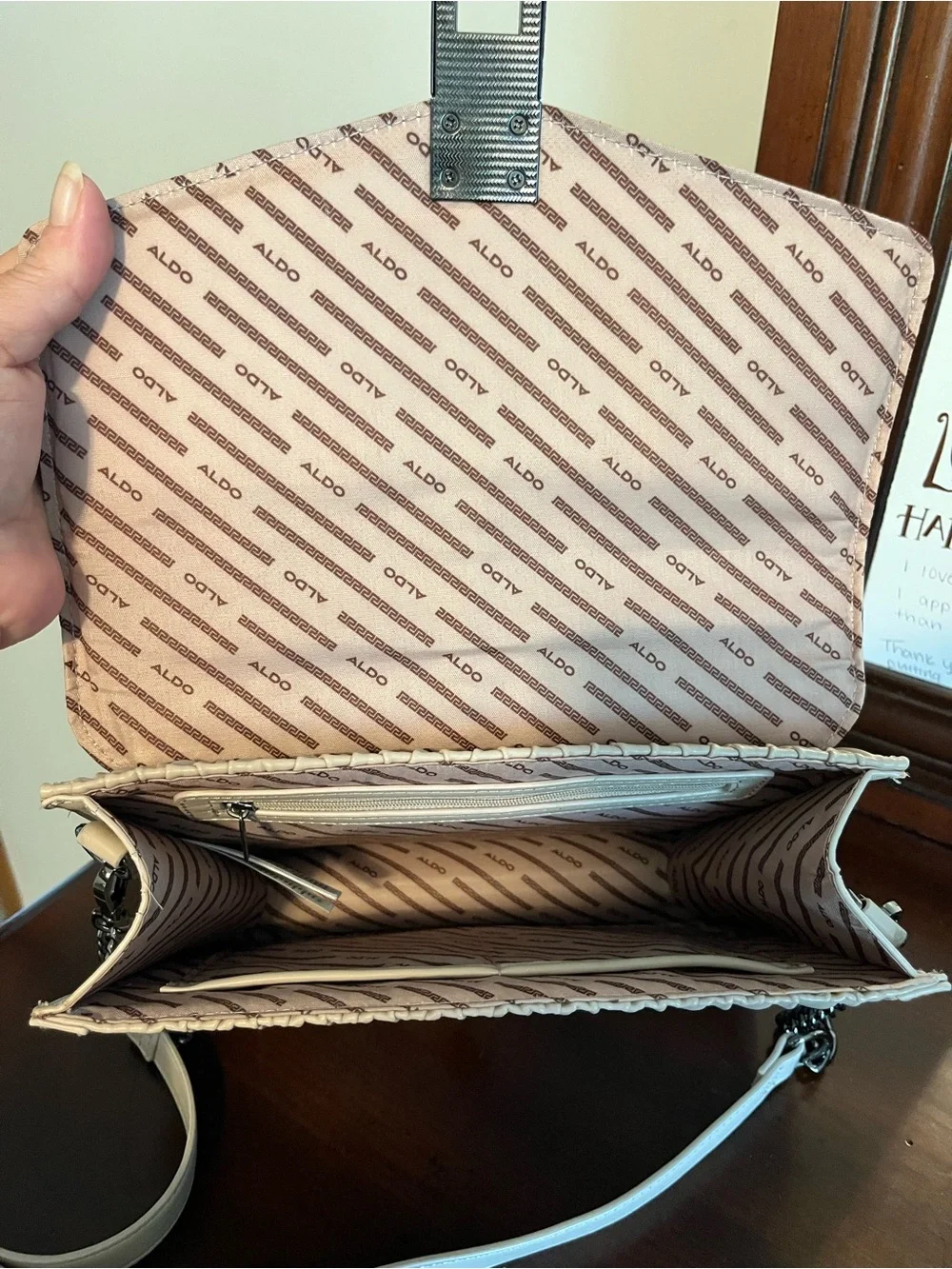 Aldo Cream Quilted Top-Handle Satchel with Chain Strap